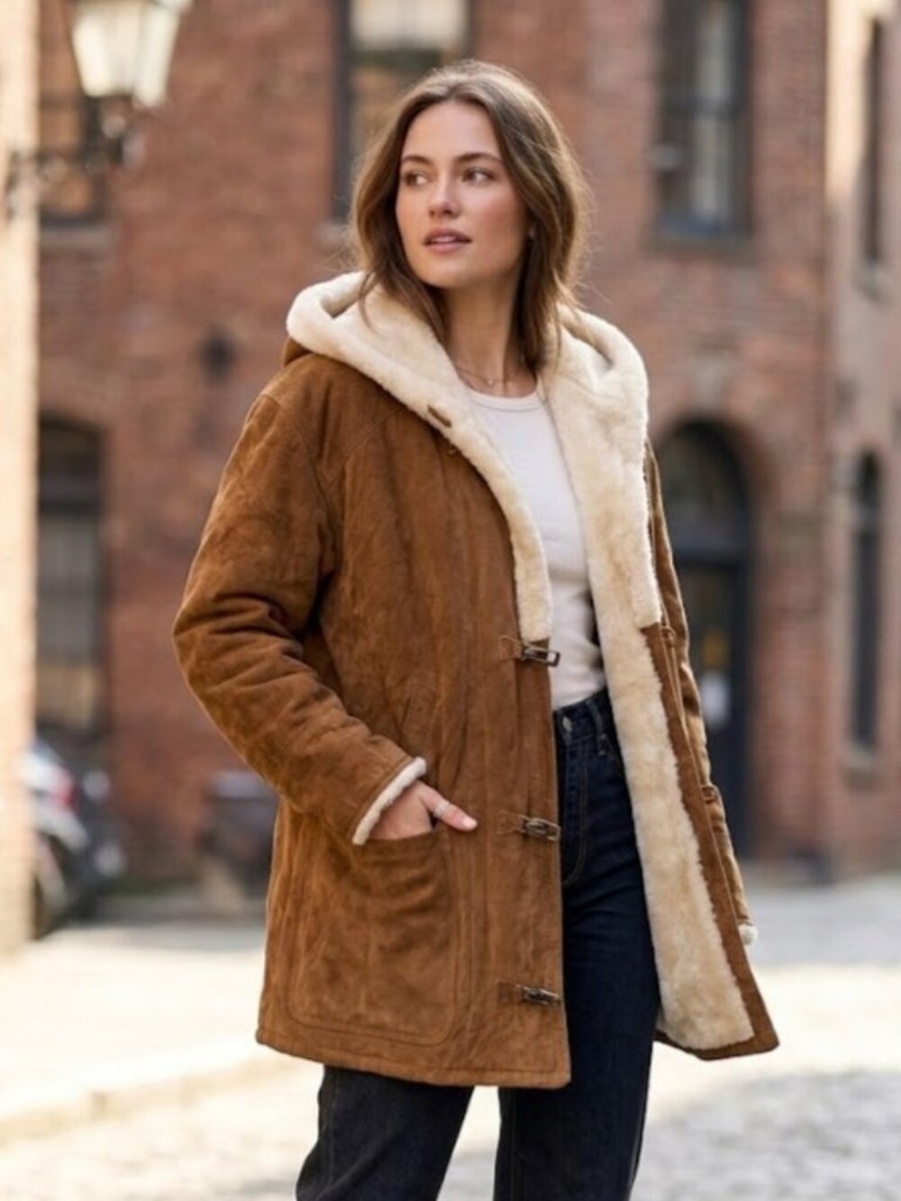 Gallery Genuine Leather Faux Shearling Hooded Coat Womens Medium Brown